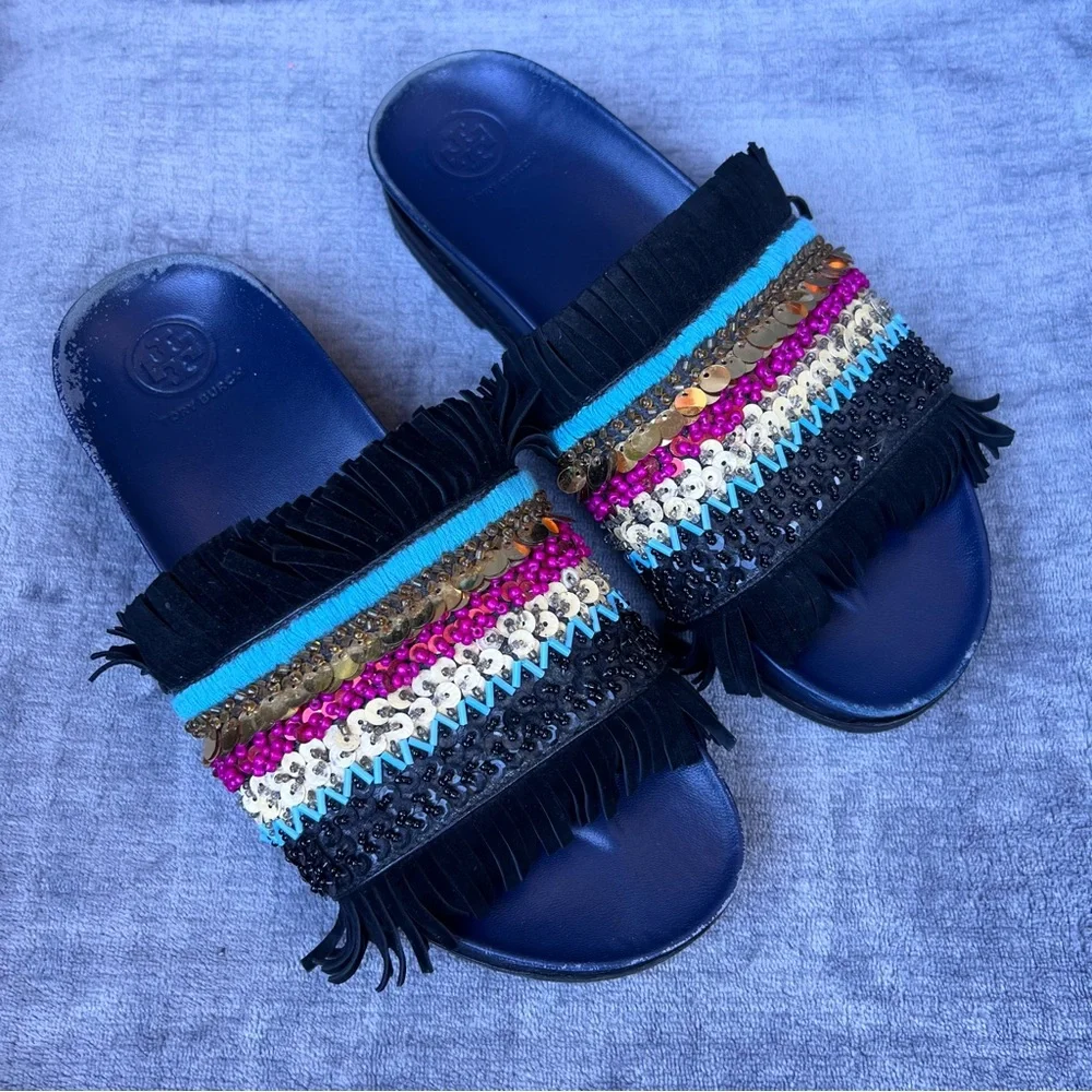 Tory Burch Isle Slides Women 8.5 Slip On Shoes Beaded Fringe Sequin Sandals